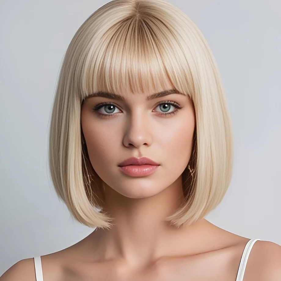 12-inch natural female straight bob wig with air bangs, full synthetic wig, suitable for women's daily wear