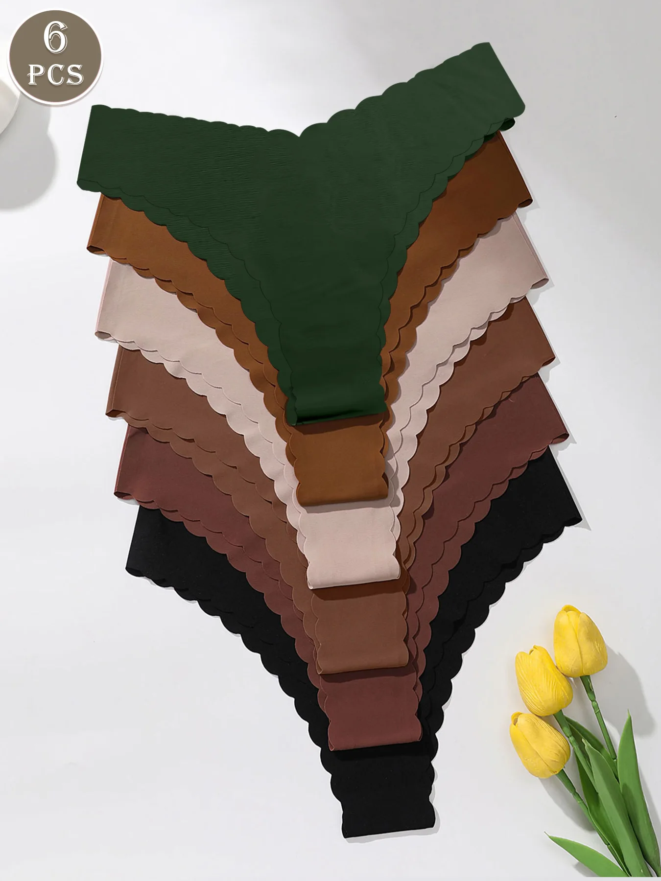 6pcs Solid Color Scallop Edge Simple And Invisible Triangle Panties