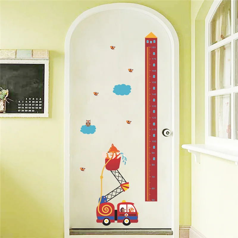 Lovely Animal Firemen Drive Fire Truck Growth Chart Wall Sticker For Kids Height Measure Diy Pvc Bedroom Mural Art Home Decals