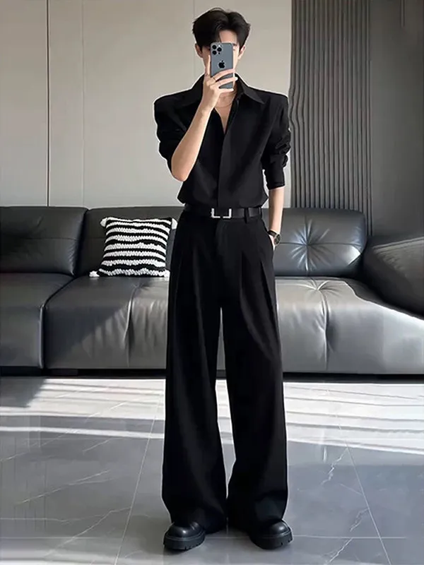 Black Elegant Knife  Straight Leg Men's Summer Pleated Drapey Wide Leg Pants High End Feel Soft Comfortable Casual Trousers