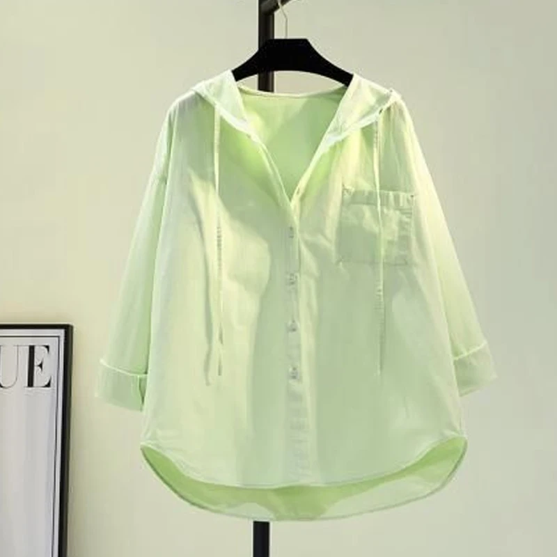 Hooded Loose Solid Color Simplicity Blouses Long Sleeve Button Lacing Fashion Casual Spring Summer Thin Women\'s Clothing 2023