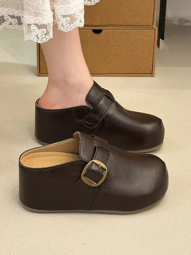 Women's Thick Heel Inner Heightening Leather Surface  Slippers Autumn Winter Outdoor Wear Slip-On Half Slippers