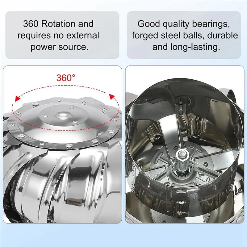AB33-Stainless Steel Roof Exhaust Cap Flue Vent, Rotating Wind Turbine Chimney Cover For Outside Roof Vents