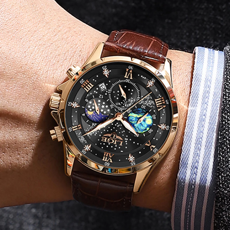 LIGE Men Watches New Fashion Leather Waterproof Luminous Top Brand Luxury Mens Quartz Big Wristwatch Men Relogio Masculino+box