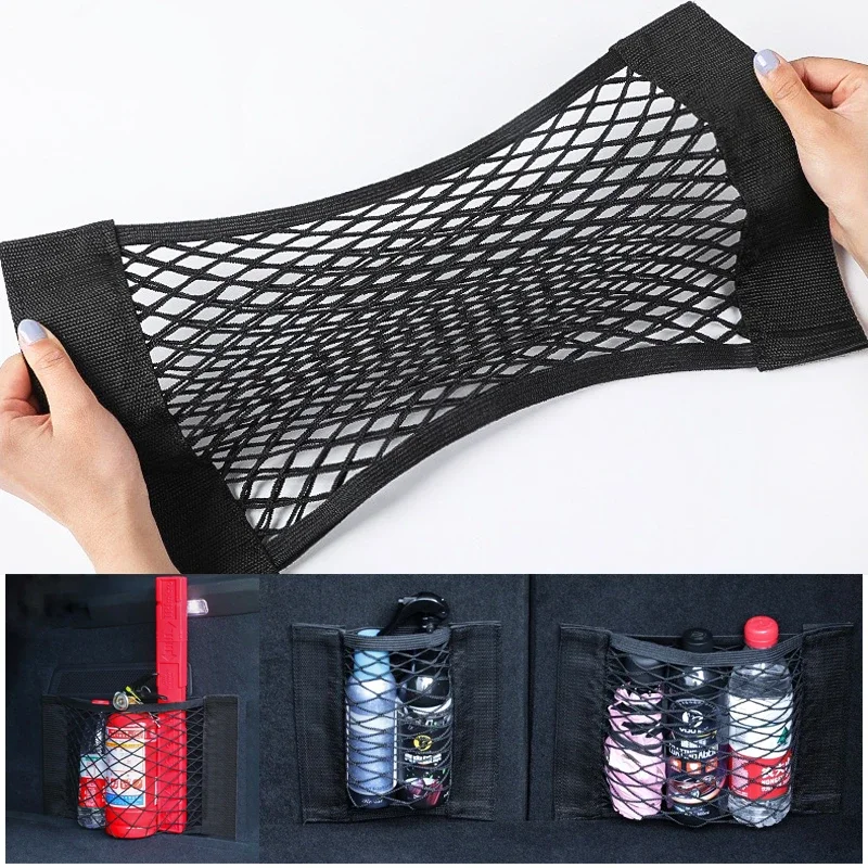 Double layered mesh storage bag compartment breathable mesh structure fixed by magic tap for car trunk back seat organization image 3