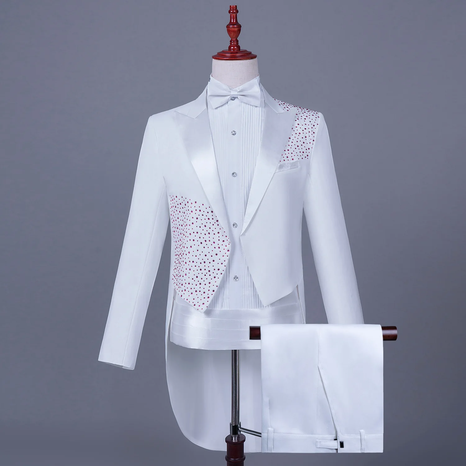 Men's Rhinestones Tailcoat Suit Stage Party Swallow-tailed Coat Set Black White Slim Fit Host Magician Singer Chorus Dress Suits