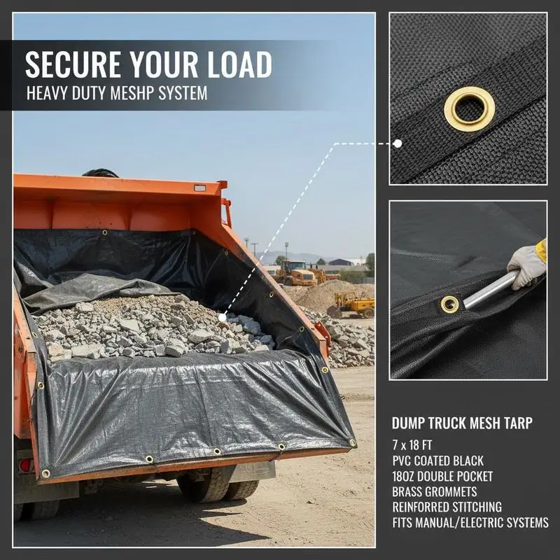 Free Shipping-PVC Coated Netting Cover 7 x 18 ft For Debris Hauling Waste Transport Gravel Delivery, 5.5 Inch 18oz Double Pocket Brass Grommets Reinforced Double Needle Stitch Webbing Manual Electric Dump Truck System Accessory view 7