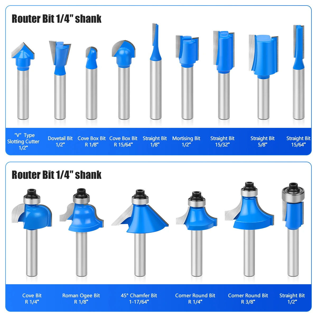 15PCS 1/4in Shank Router Bits Set Trimming Straight Beading Milling Cutter Tungsten Carbide Cutting Woodworking Tools