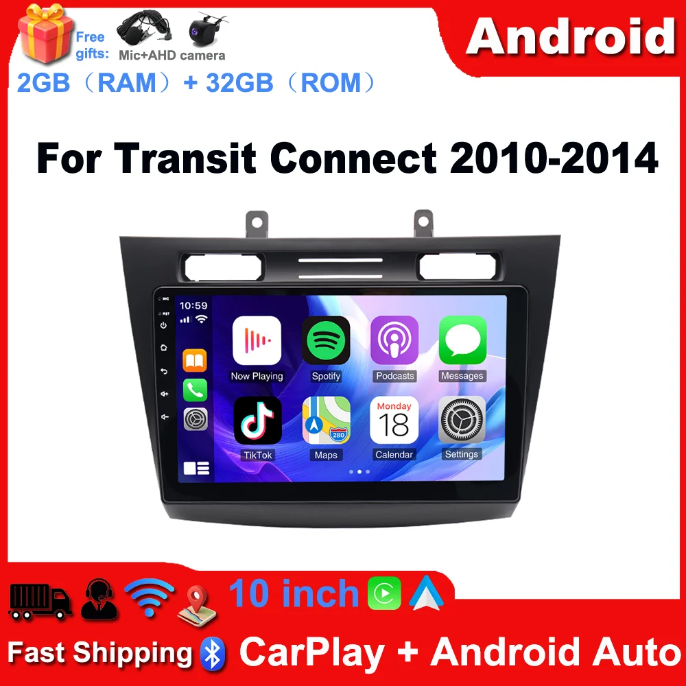 10inch Car GPS Navigation Player Android 14 Stereo Radio Steering Wheel Control Mirror Link 2 Din WiFi Bluetooth with Carplay/Android Auto 2+32G Compatible for Transit Connect 2010-2014