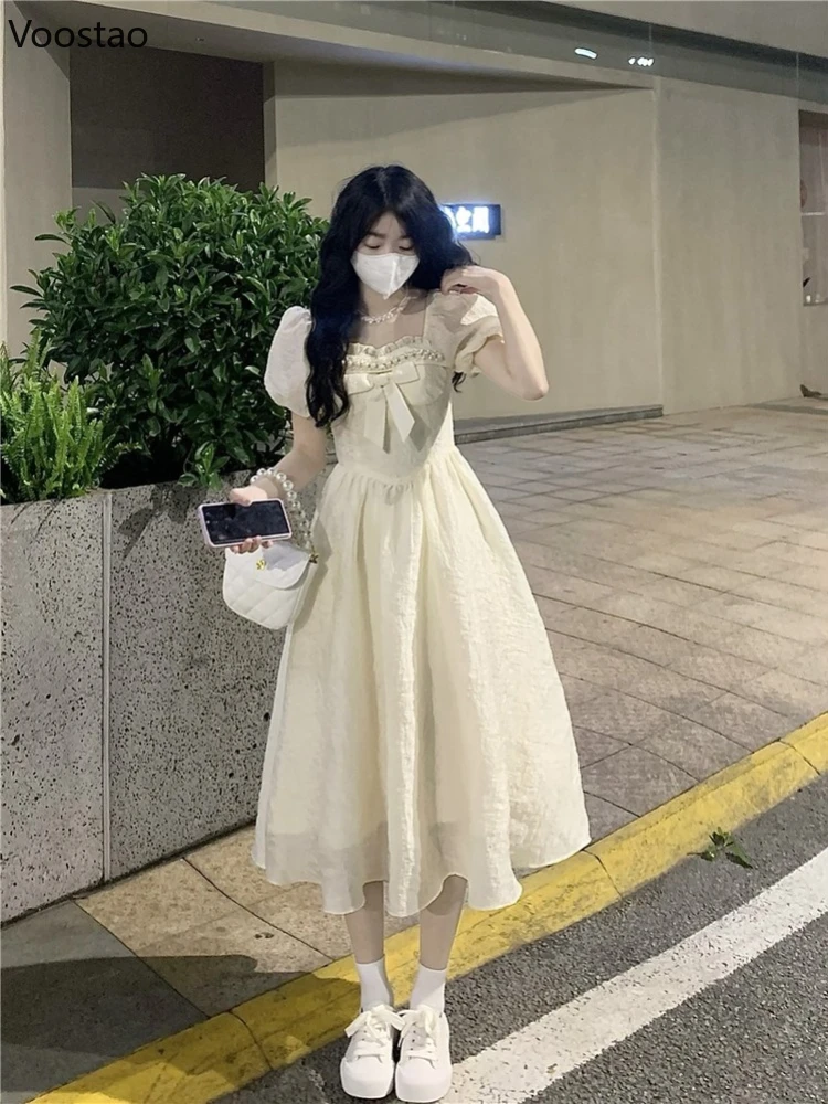 Summer Sweet Lolita Style Princess Dress Women Elegant Square Collar Bow Puff Sleeve Midi Dresses Female Casual Vacation Vestido