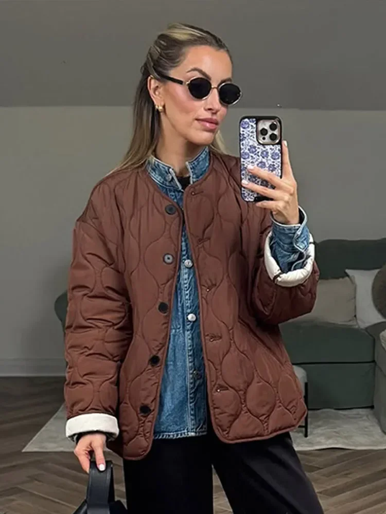 カジュアル無地チェック柄コットンショート厚手コート レディース 長袖 ラウンドネック シングルブレストジャケット 2025冬 デイリーストリートウェア