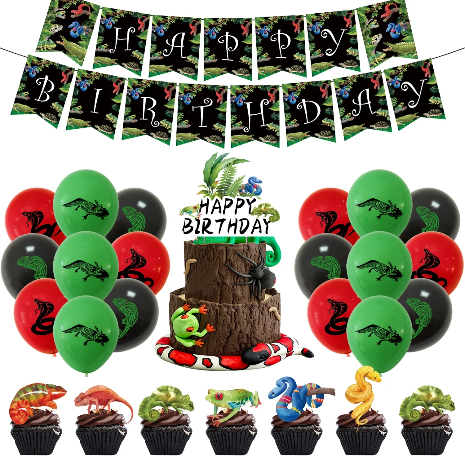 Reptilien-Geburtstagsparty-Zubehör Eidechsen- und Schlangen-Tischgeschirr Pappbecher Teller Servietten Banner Ballons Geburtstagsparty-Dekorationen – Detail 11