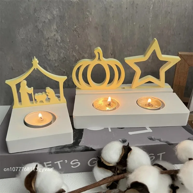 Halloween Triple Pumpkin Head Candle Holder Silicone Molds DIY Handmade Halloween Decorative Cement Plaster Candlestick Mould