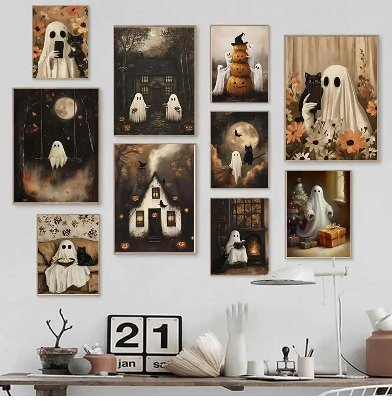Retro Autumn Halloween Canvas Class Flower Scary Ghost and Dark Pumpkin Black Cat Wall Art Poster Modern Living Room Home Dec