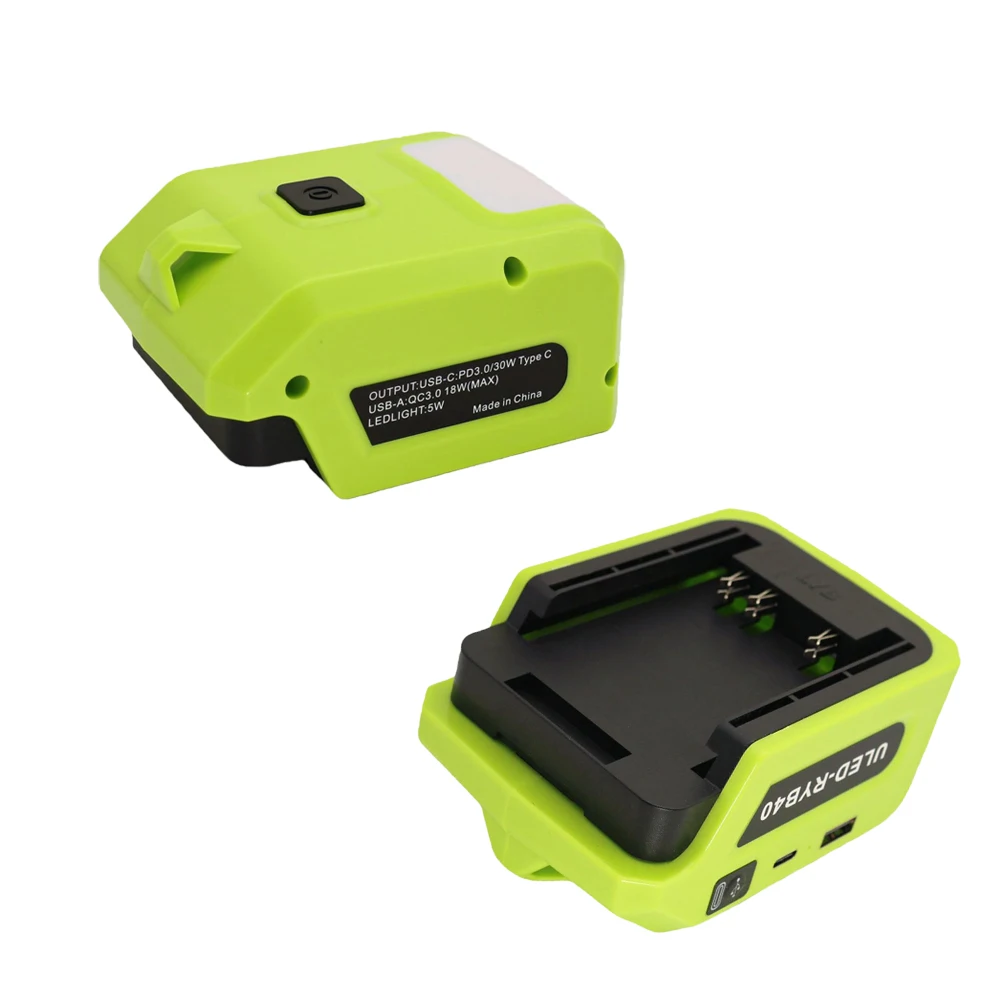 5W Battery Flashlight USB Charger Adapter with USB and Type-C Ports for Ryobi 40V Lithium Battery Supports Mobile Phone Charging