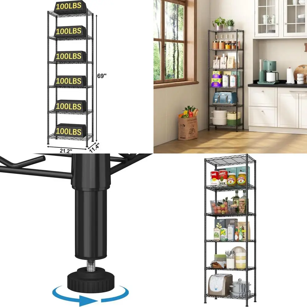 

Adjustable 6-Tier Metal Wire Shelving Unit, Kitchen/Pantry/Closet Organizer, Black, 21W x 11D x 69H