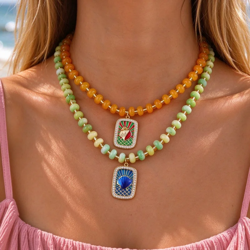 Colorful Dopamine Abacus Bead Square Drip-Style Diamond-Encrusted Ocean Series Tag Necklace