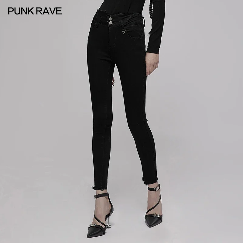 

PUNK RAVE Women's Punk Daily High Waist Slim Tight Fit Denim Pants with Back Crossed Straps Black Trousers Spring/Autumn