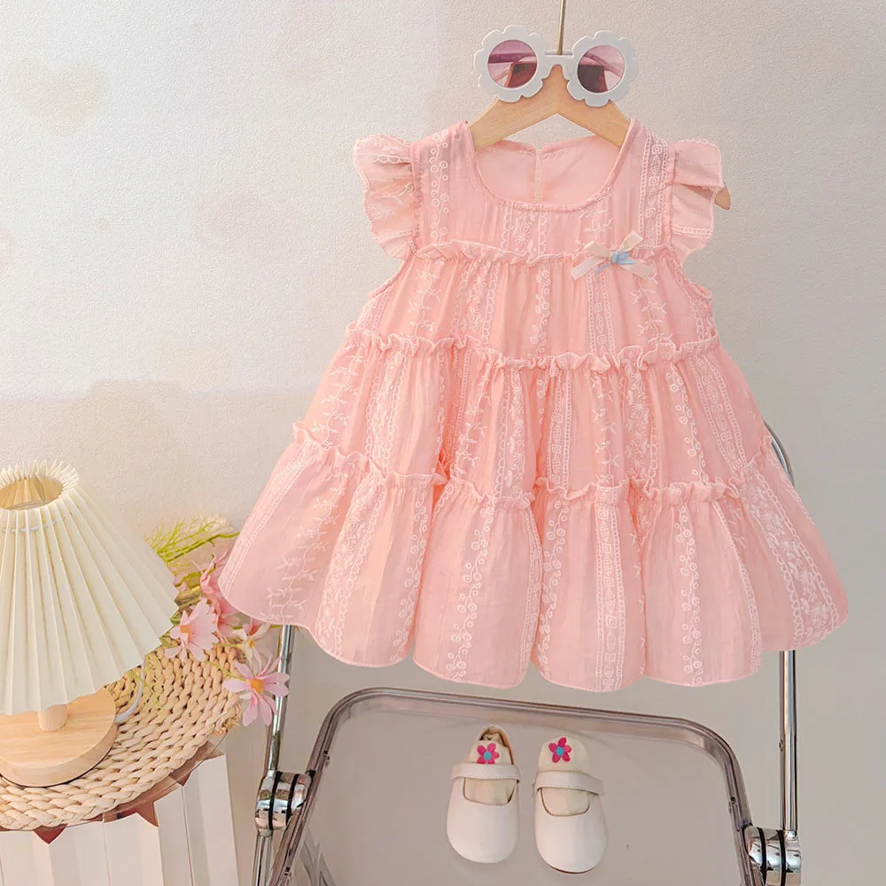 Summer 1-3 Year Old Baby Girl Printed Round Neck Flying Sleeve Butterfly Bow Princess Dress for Birthday Party Wear