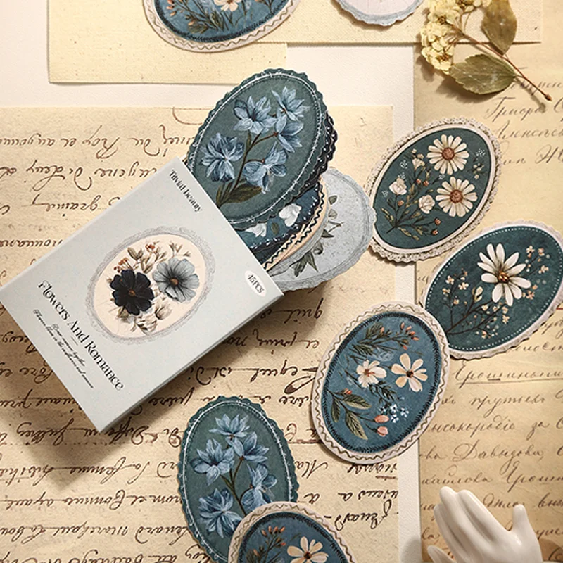 Mr. Paper Paquete de 45 pegatinas florales sereno, colección temática de flores en caja, juego de decoración de collage de diario DIY, papelería literaria