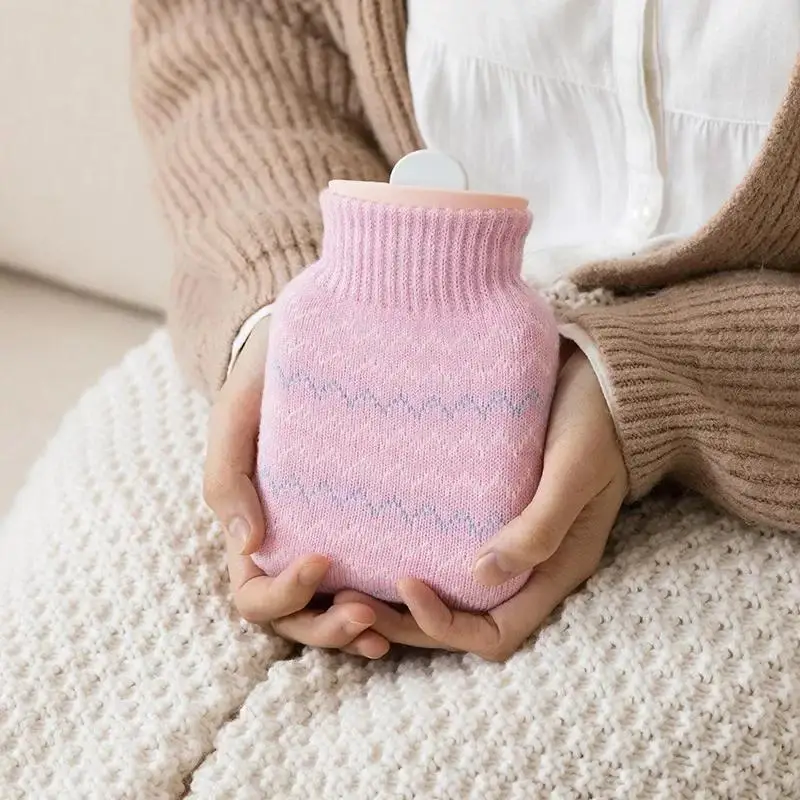 320ML Warm Water Bottle, Solid Color Stripe Design, Silicone Material, Removable And Portable Menstrual Warming Bag For Hands An
