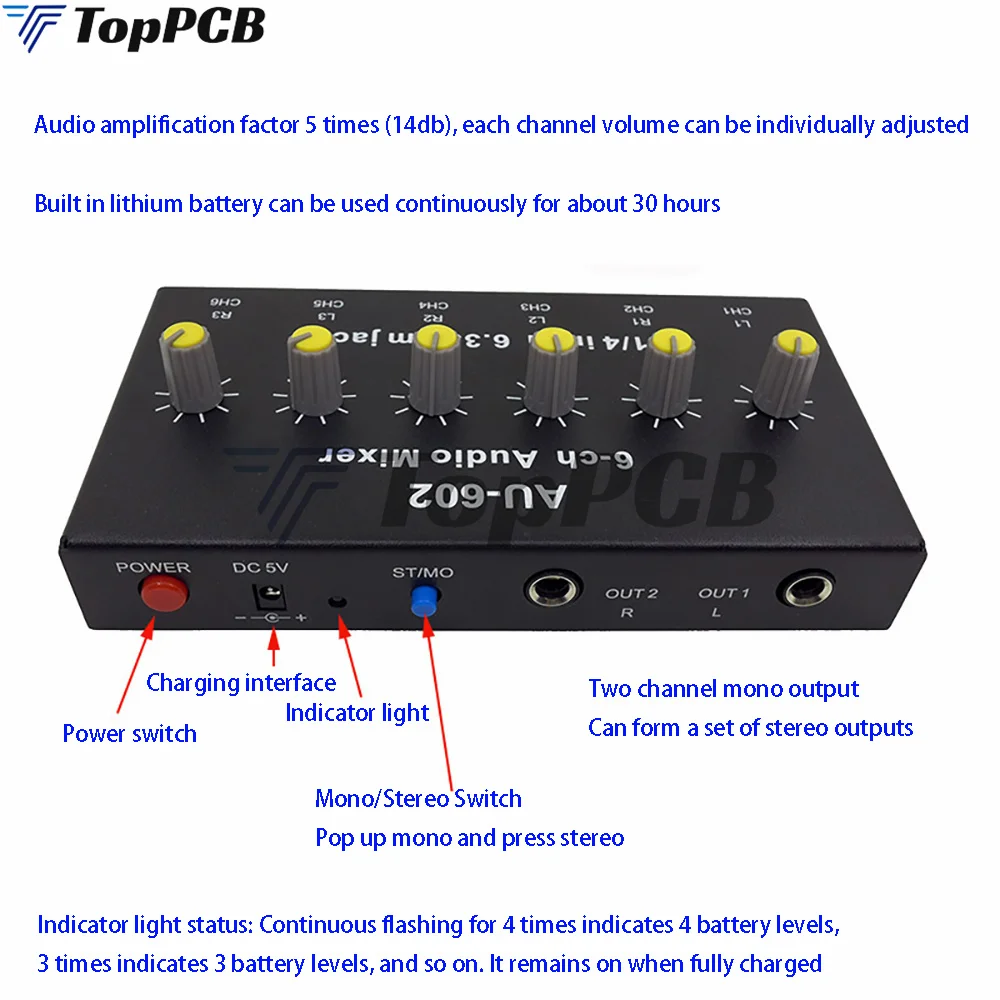 6 Channel Audio Mixer Headphone Microphone Mic Amplifier Hub Distributor 6.35mm Jack 1/4 TRS DC 5V for Live Broadcast Party