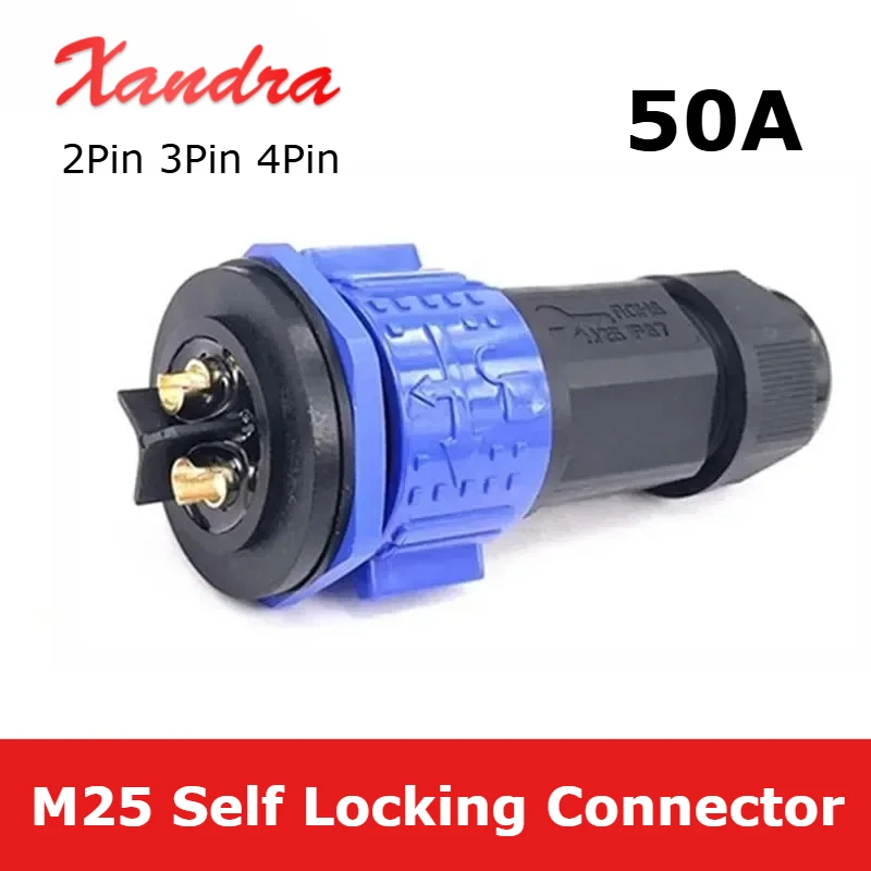 IP67 M25 2 3 4 Pin Waterproof Connector Self Locking E-bike Charging Power Aviation Panel Socket Electrical Cable Plug 50A 500V