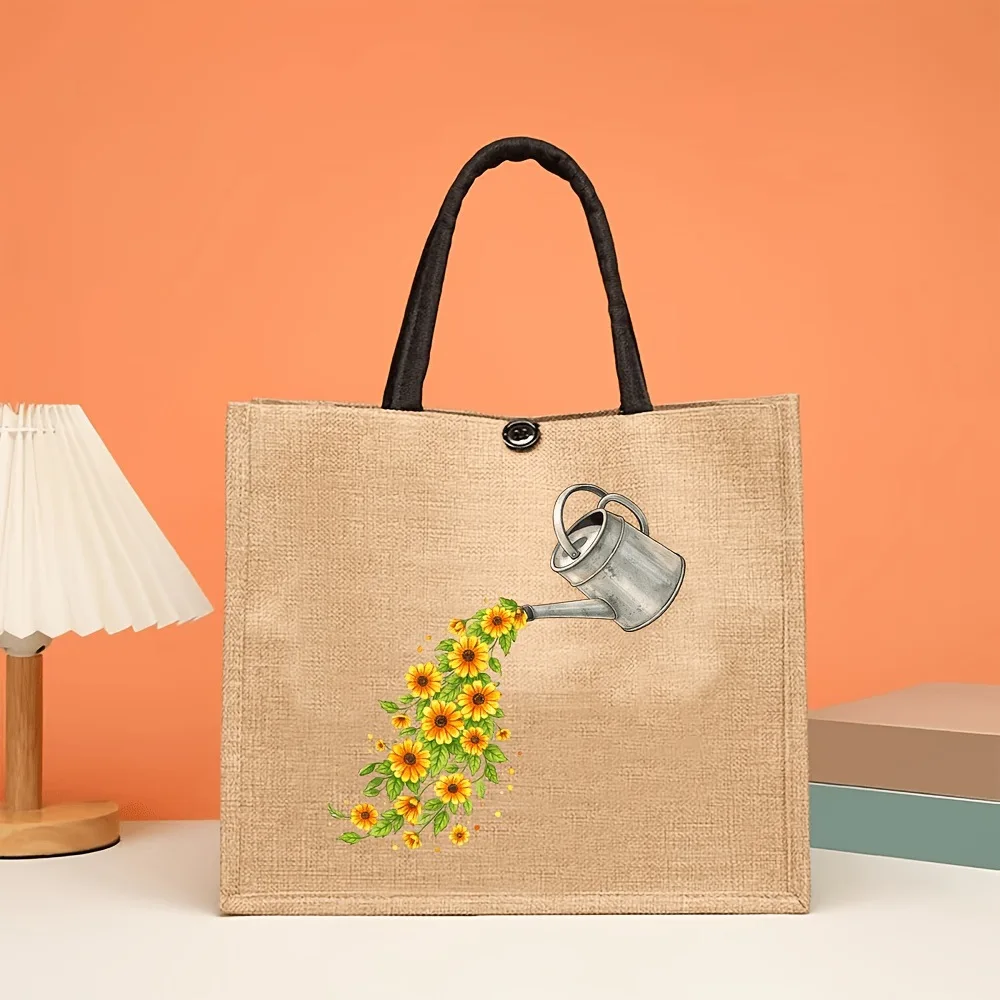 Mori ins style creative watering printing coarse hemp tote bag literary floral linen tote bag environmentally friendly gift bag