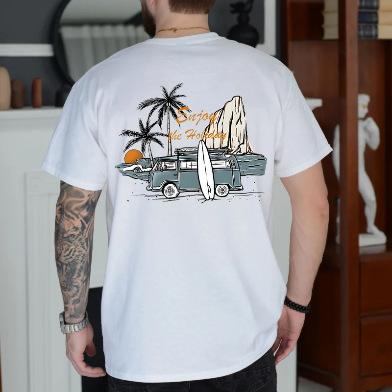 

Coconut Tree Print Fashion Casual Tops Vintage Beach "Enjoy The Holiday" Graphic T Shirts Women Men Summer Short Sleeve T-shirt