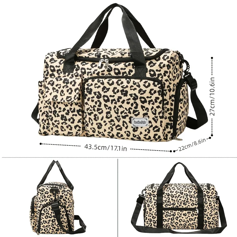 Large Size Large-Capacity Leopard Print Travel Duffel Bag with Multiple Compartments, Shoe Compartments And Spacious Overnight Carry-On Design-Durable Nylon Leisure Sports Fitness Bag, Suitable for Women, Gym, Travel, Weekend Travel, Fitness Bag view 6