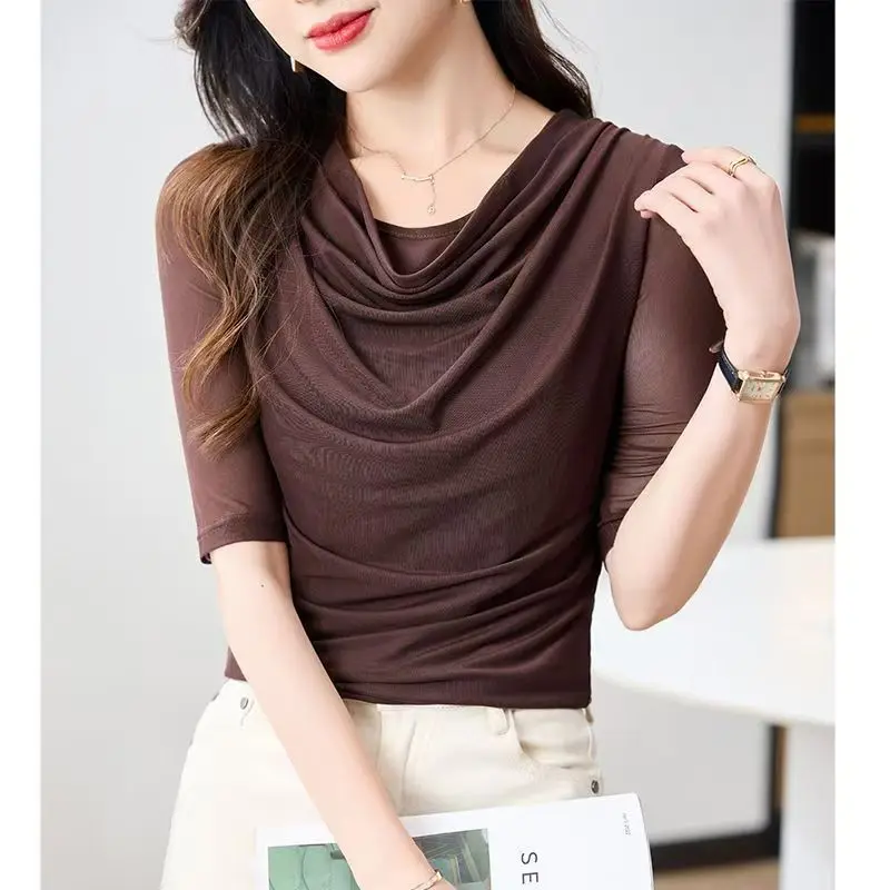 Elegant Women's Short Sleeve T-Shirt Pure Color Mesh Top Slimming Elastic Summer New Style Versatile Stand Collar Base Shirt