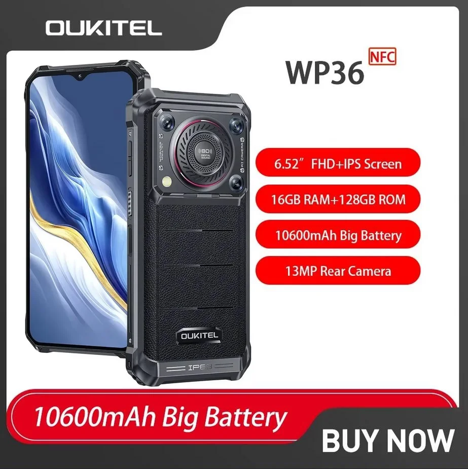 Oukitel WP36 4G Rugged Smartphone Android 13 10600mAh Battery 6.52 Inch HD+ Octa Core 16GB 128GB Mobile Phone 13MP Camera NFC