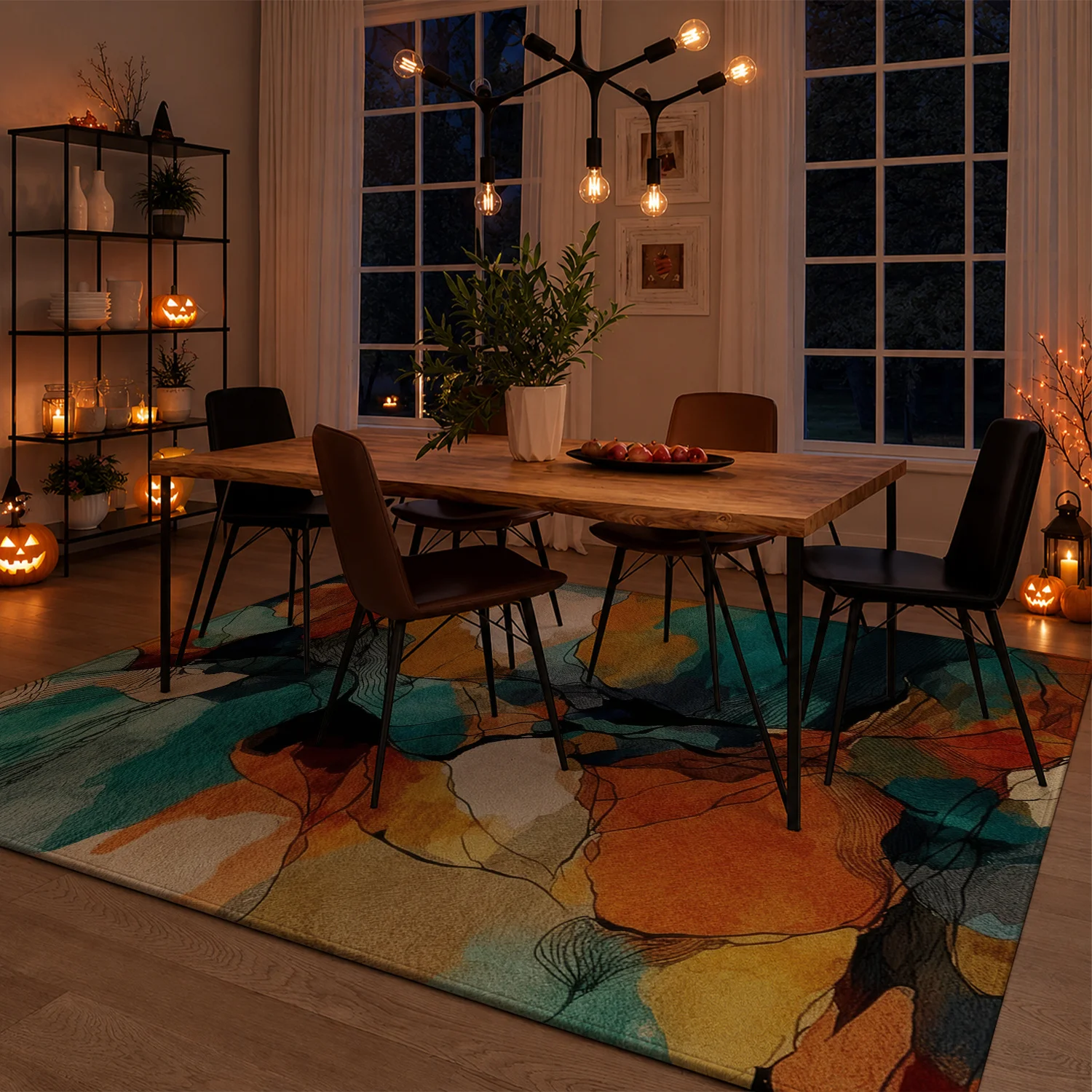 Large Indoor Area Rug, Soft Velvet Low Pile with Non-Slip Dotted Backing, Machine Washable Abstract Teal Orange Watercolor Art Floor Rug for Living Room Bedroom