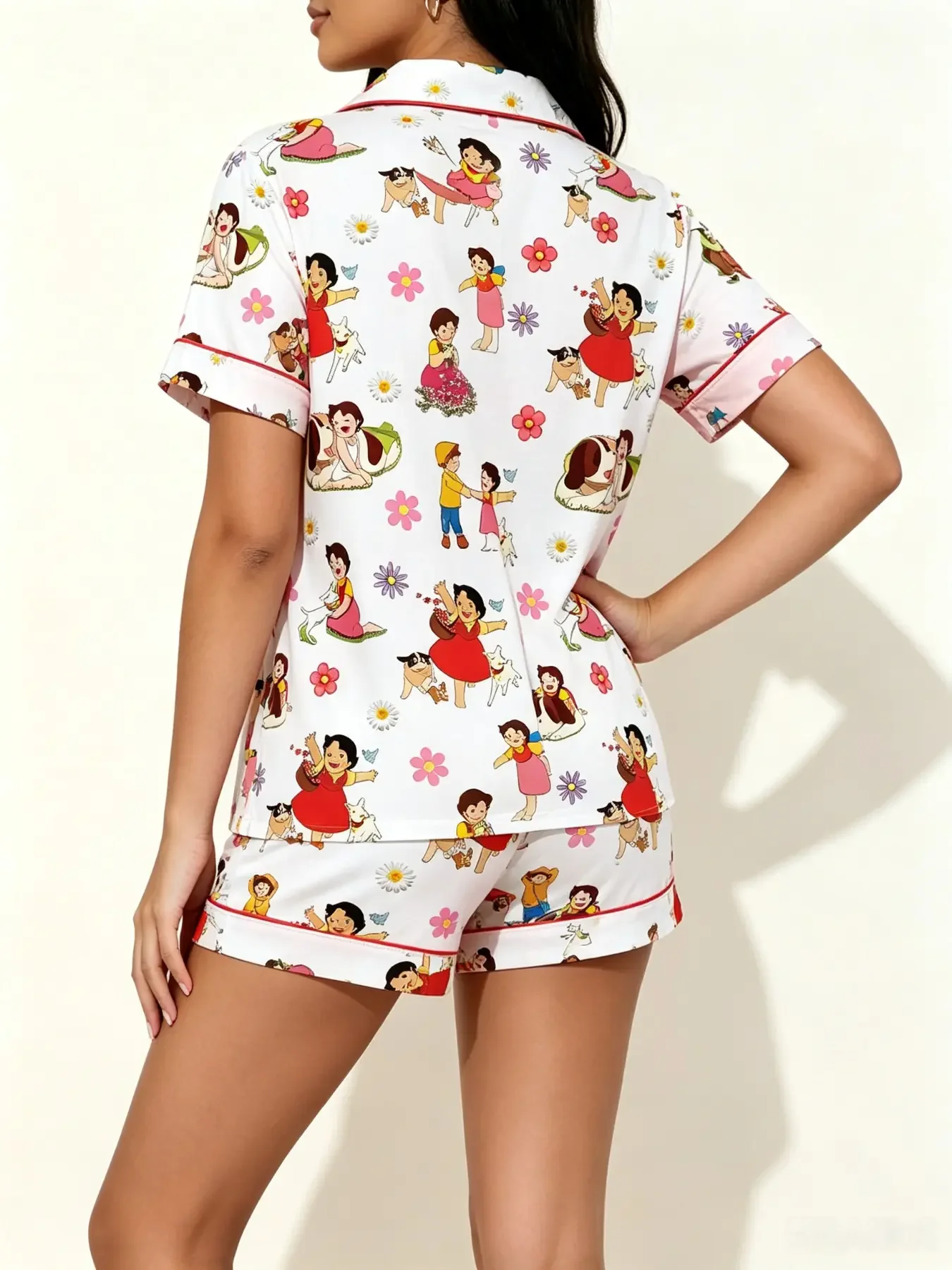 Teenage Cute Retro Floral Cartoon Pajama Set, Soft Breathable Short Sleeve Top + Elastic Waist Shorts, Comfortable Two-Piece Home Wear, Casual Home Nightwear