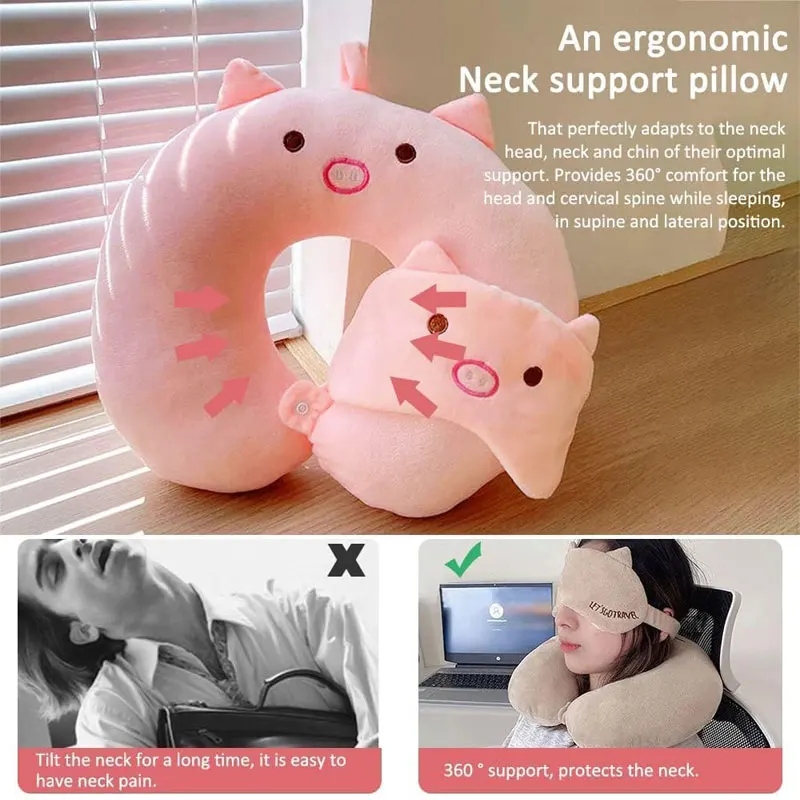 Cartoon Animal U-shaped Pillows Eye Mask Memory Foam Plush Pillow Neck Support Cushion Adult Children Travel Flight Car Airplane