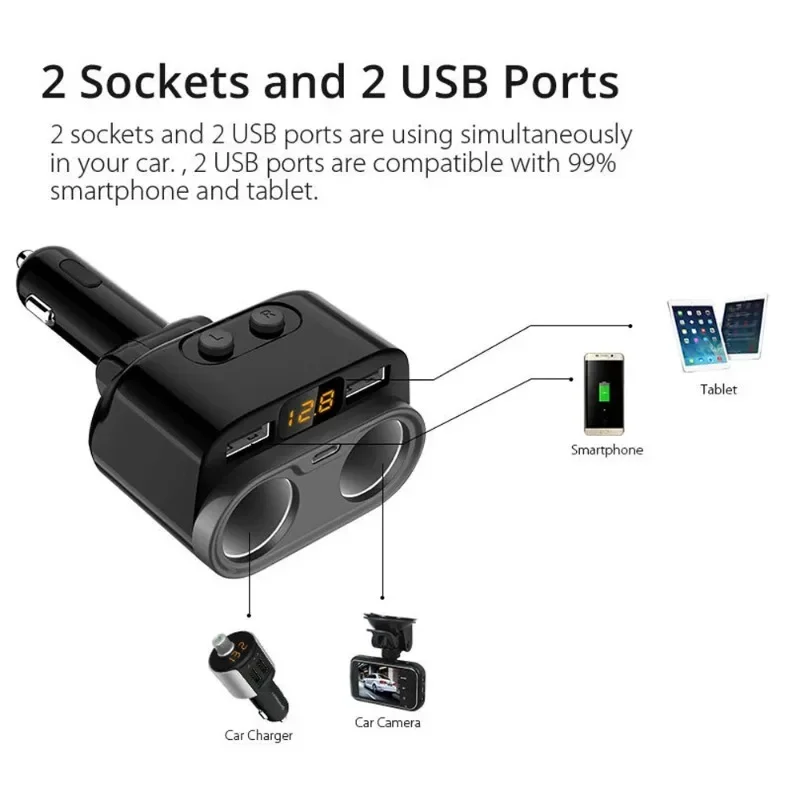 

QC 3.0 Автомобильное зарядное устройство с двумя USB-портами типа C PD20W Быстрая зарядка Разветвитель прикуривателя с независимым переключателем 2025