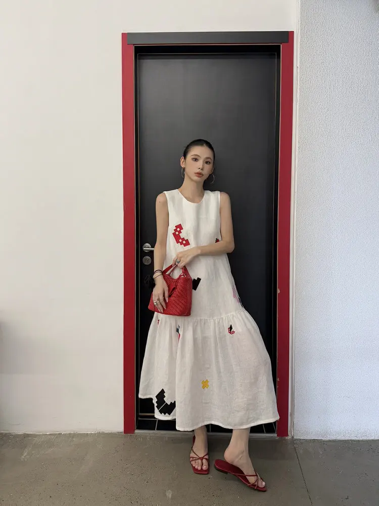 Summer Beautiful Simple Large Hollow out Money Style Linen White Loose Print Vest Dress Women's Casual Fashion Elegant