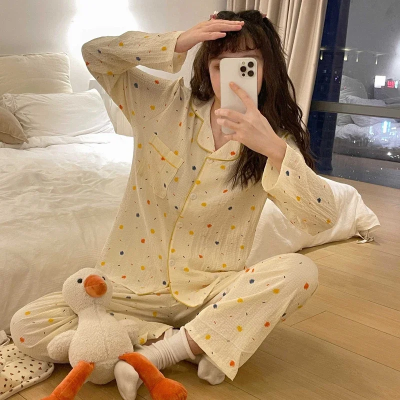 2024 Spring Autumn Long Sleeve Cotton Print Pajama Sets for Women Korean Loose Sleepwear Suit Homewear Pijama Mujer Home Clothes