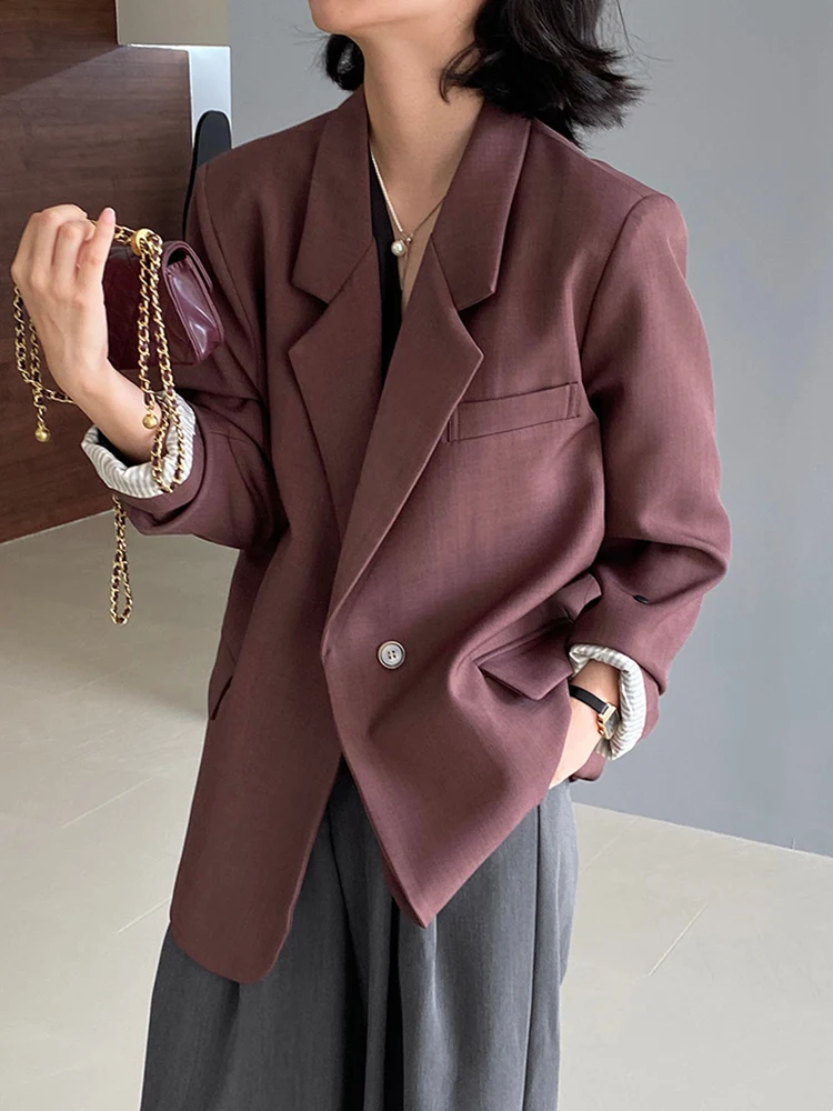 [LANMREM] Office Lady Loose Blazers For Women Notched Single Button Minimalism Female Jackets 2024 Autumn New Coat 26C403