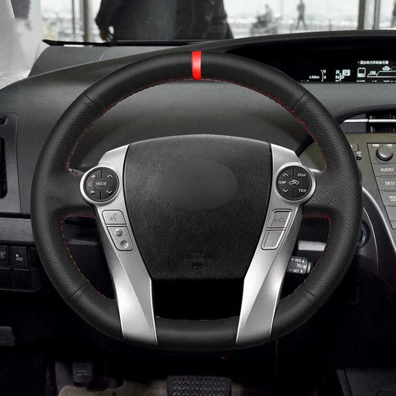 

For Toyota Prius 30 XW30 2009 2010 2011 - 2015 Prius C US 2012-2017 Car Steering Wheel Cover Trim Black Leather with red strip