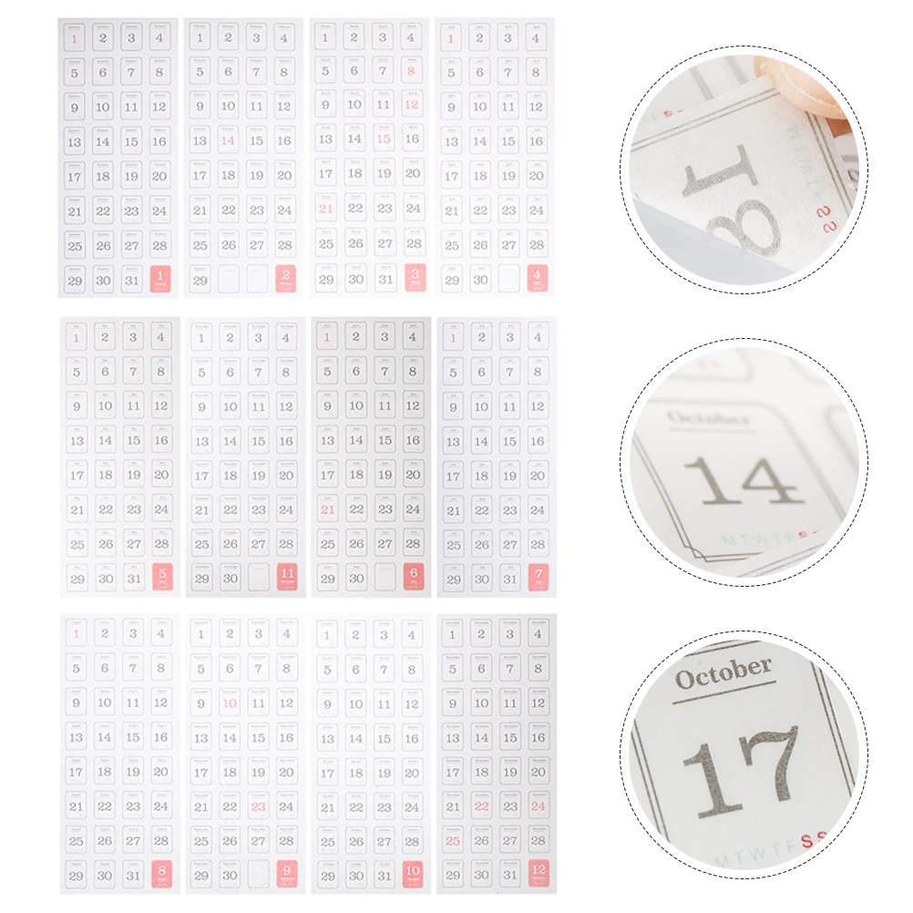 

24 Sheets Planner Stickers Calendar Perpetual Label Tabs Date Paper Adhesive Notebook Notepad Household DIY School Office Use