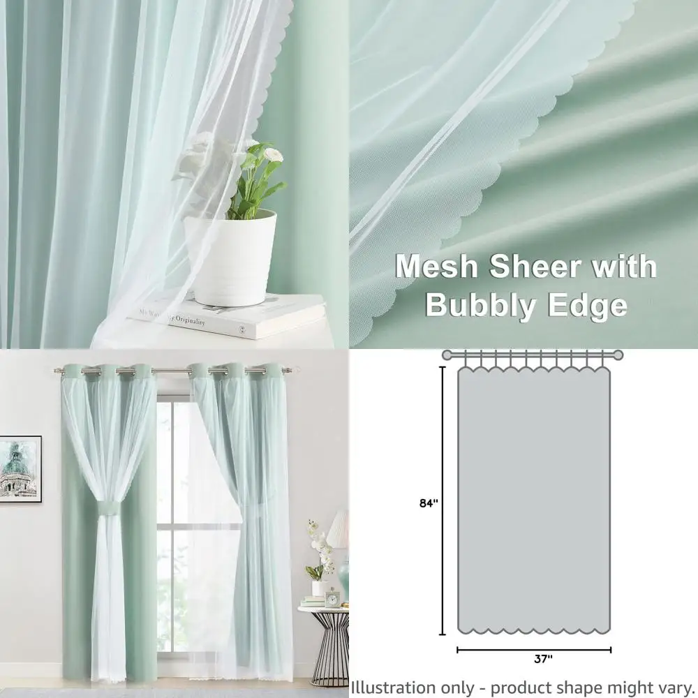 

Mint Green Mix & Match 84 Thermal Insulated Curtains with Sheer Overlay and Tiebacks, 37Wx84Lx2 Panels