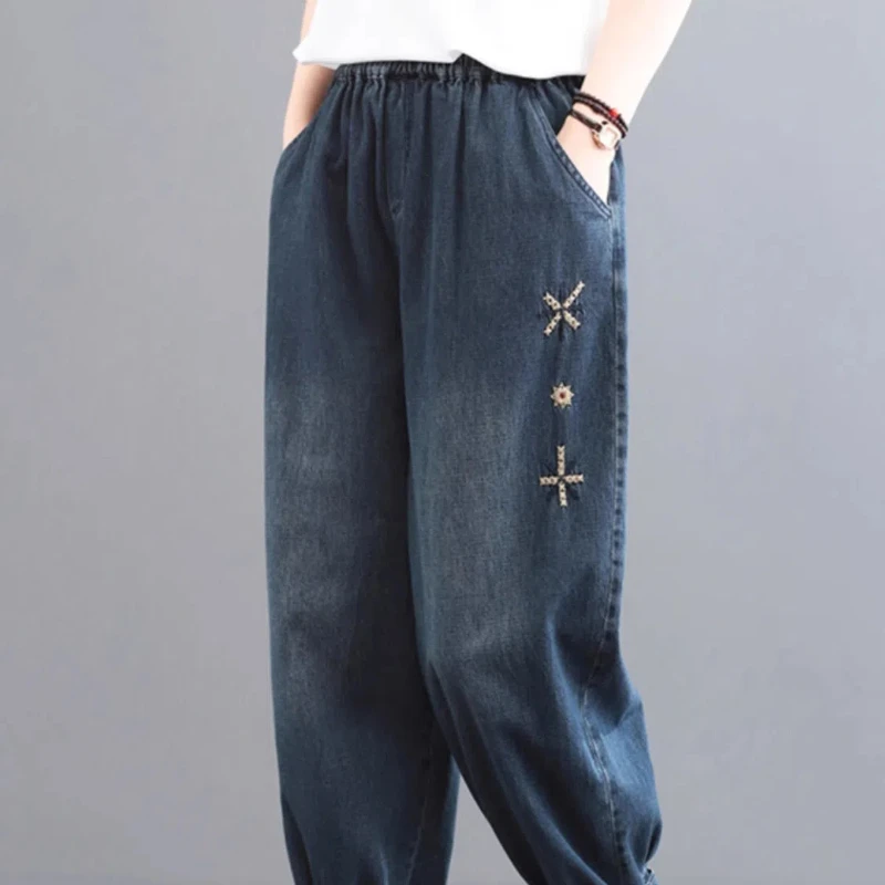 New Loose Flesh Blocking Ground White Oversized Elastic Casual Denim Lantern Pants Harem Pants for Women