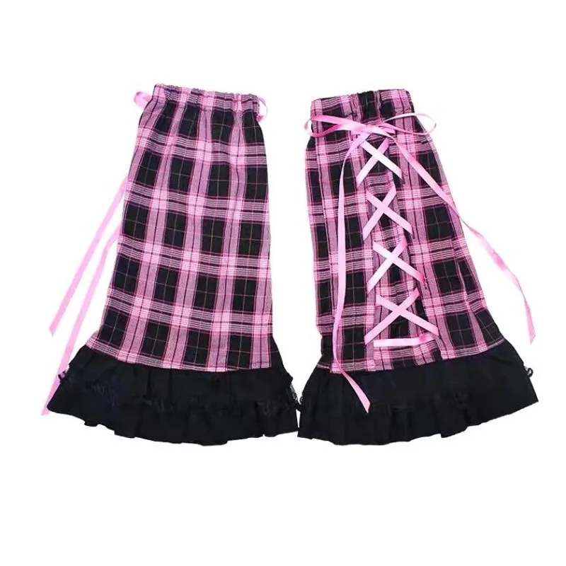 Sock Sleeves Japan Punk Y2K Female Cool Pink Grid Rock Sweetheart Legging Appear Thin Hottie Plaid Pattern Ribbons Lovely  Lace