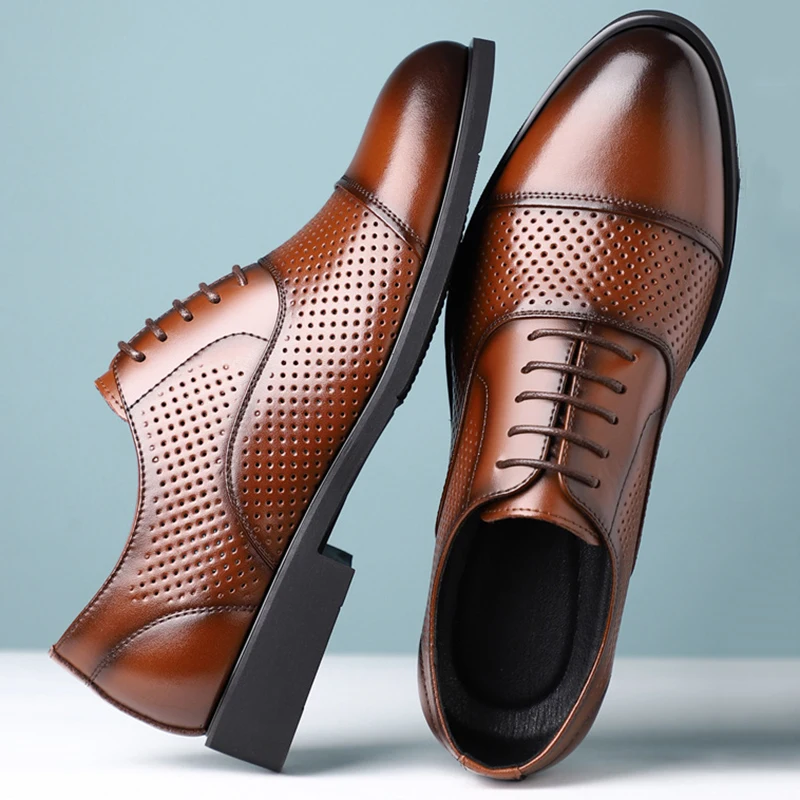 Men Business Leather Shoes Summer Casual Large Size Black Shoes Breathable British Grooming Wedding Shoe with Hidden Heightening