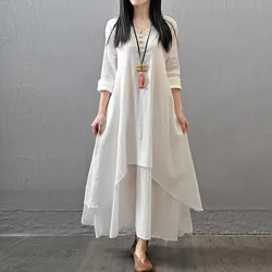 2023 Summer Literary Vintage Cotton Linen Irregular Dress Ladies Round Neck Loose Casual Robe Femme Solid 3/4 Sleeve Vestidos