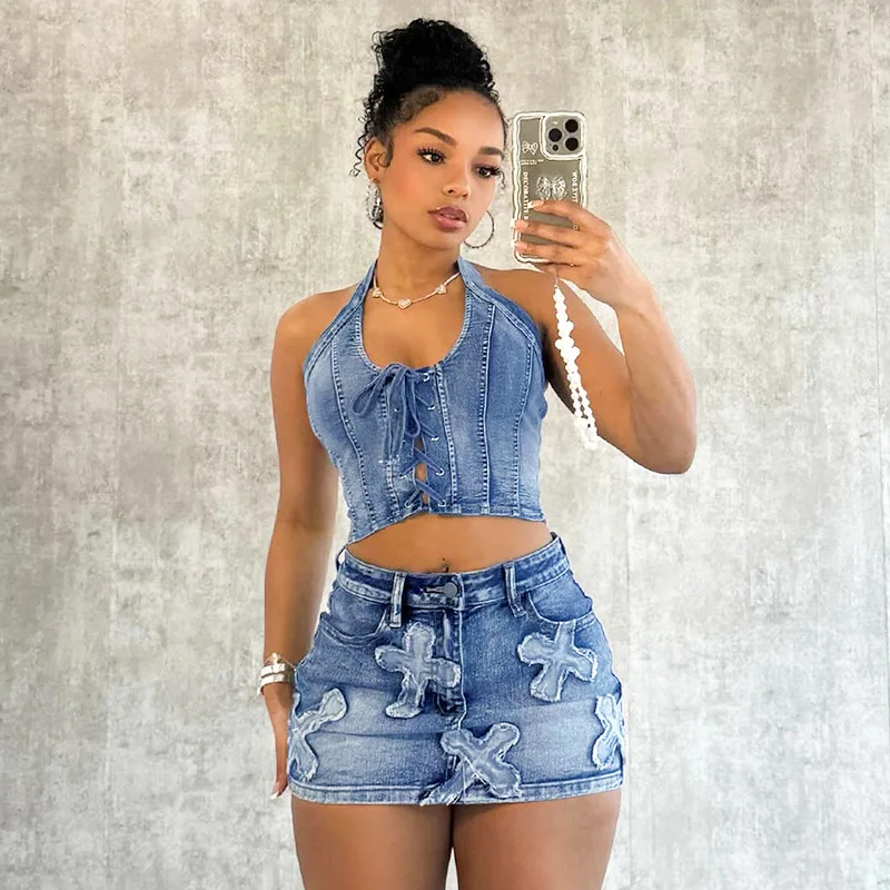 Embroidery Denim Two Piece Set Women 2024 Summer New Halter Lace Up Sleeveless Tank Crop Tops Mini Skirts Casual Outfits
