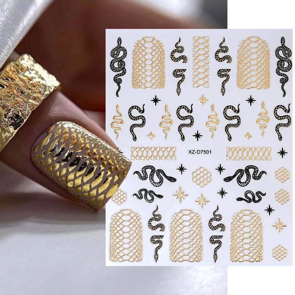12Pcs 3D Bronzing Snake Sun Star Nail Stickers Gothic Snake Print Self-adhesive Nail Decals Punk Style Snakes Manicure Sliders &