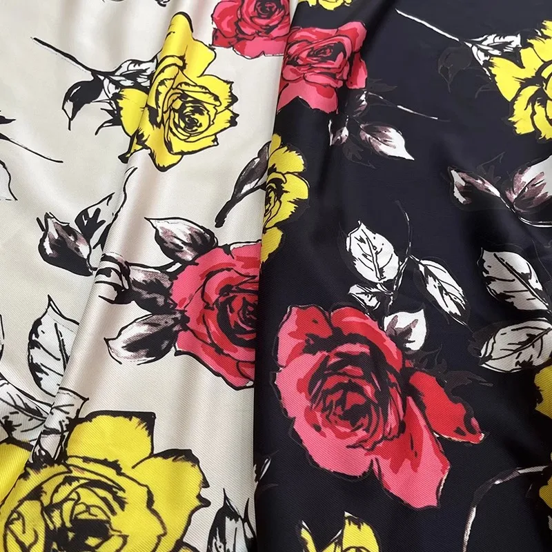 Europe and America Yellow/Red Rose Flower Printed Twill Polyester Fabric For Women Dress Blouse Handmade DIY Custom Cloth Sewing