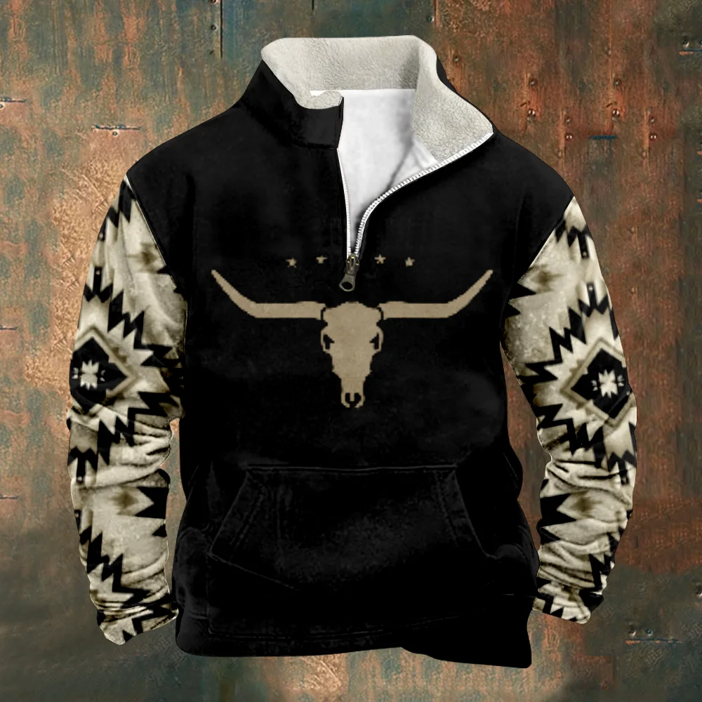 Patchwork Men\'s Hoodie Vintage Graphic Bull Bones Sweatshirts Long Sleeve Stand Collar Zipper Casual Pullovers Sweatshirt